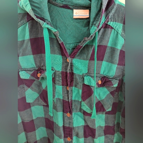 Columbia Plaid Button Down Cotton Hooded Shirt Teal Navy Blue Size S - Picture 3 of 7
